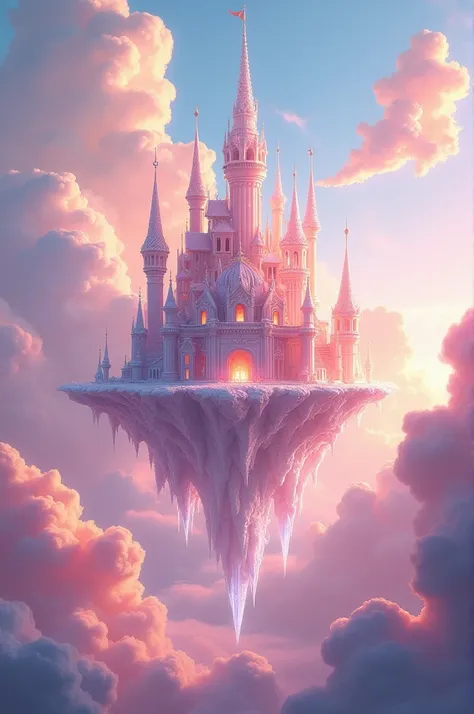 A fantastical floating palace made of crystal and intricate architecture, surrounded by a dreamy, colorful sky filled with pink and white fluffy clouds. The scene is illuminated by golden sunlight, creating a magical and surreal atmosphere. The palace appe...