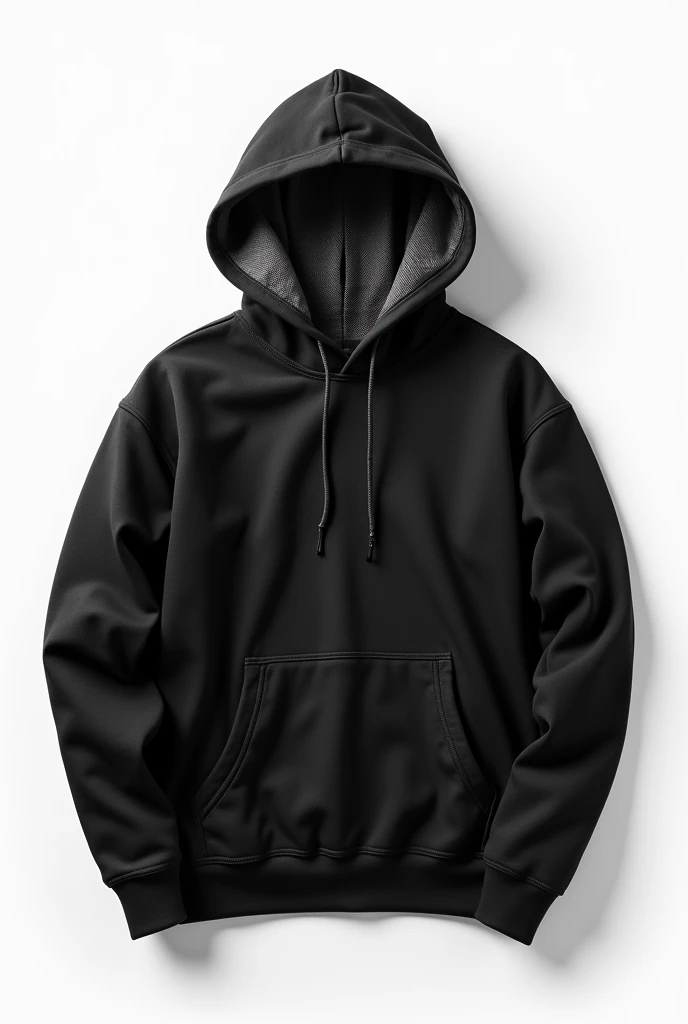 generate a hoodie inner fabric is flannel and out layer is black cotton fleece and white background 