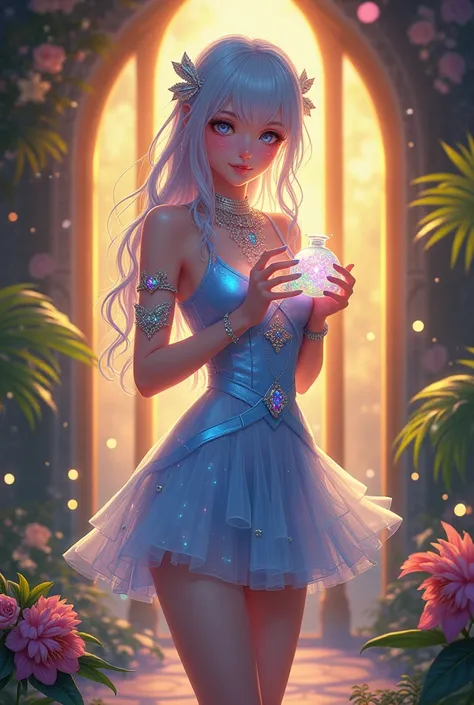 A anime ethereal fantasy goddess girl wearing a short shiny Blue leather dress is in a magical garden ethereal iridescent magical glowing magical shiny glittering potions and plants. There are green shimmery fern palm plants in the room both sides of a tal...