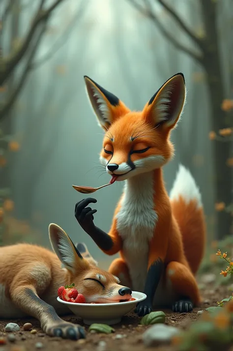 A fox eats a deer with a spoon