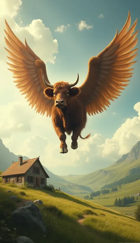 An ox flying with wings over a small farm