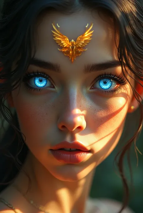 blue eye, reflecting a golden phoenix 