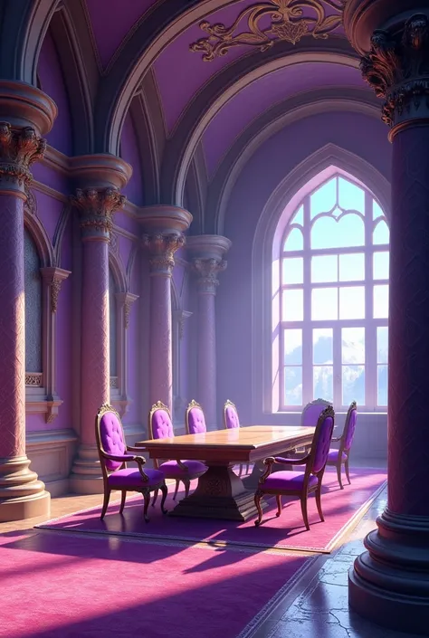  Castle interior animate ,  walls in purple tones with dragon mosaics , Large windows, decorative pillars ,  a huge dining table with two purple chairs,