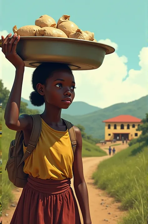 A young African girl balancing a heavy tray on her head ,looking at school from a distance 