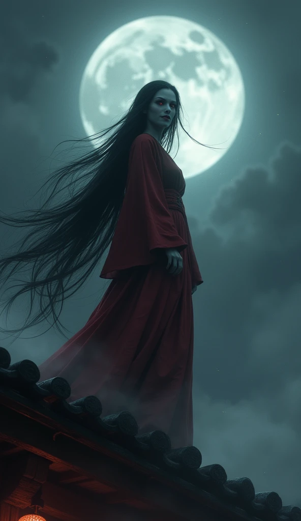 A haunting Japanese woman from the Edo period, with long, flowing black hair, blood-red eyes, and a faintly shimmering crimson dress, stands ominously on the rooftop of a wooden castle. Her gray skin glows faintly as she smiles chillingly into the darkness...