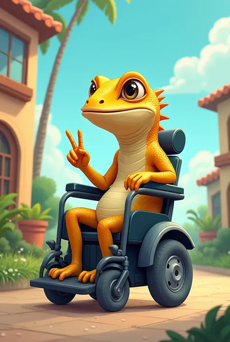  A cartoon image that is an iguana that likes music and rides in an electric wheelchair, Her left leg is slightly shrunken and her right leg is well placed . Saluting with two fingers on the left hand 