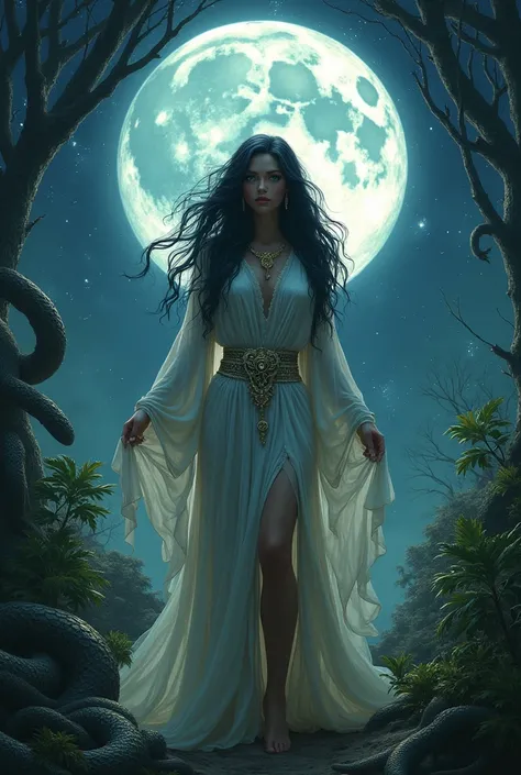 A powerful and enigmatic depiction of Lilith, the first woman in the world, standing in a moonlit, ethereal garden. Her presence is commanding and mystical, with flowing dark hair, piercing eyes glowing with ancient wisdom, and a subtle aura of defiance. S...