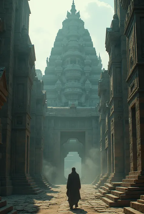  Images of an ancient city , steeped in history and mystery .  The sound of the wind mixes with distant murmurs as the camera enters a majestic temple,  adorned with reliefs of ancient gods .  The narrators voice begins with a mysterious tone .]
