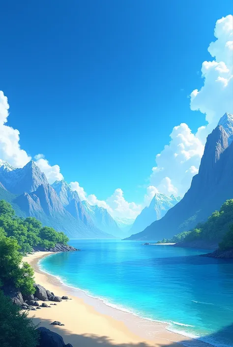 Create a beautiful blue sky surrounded by mountains and beaches 