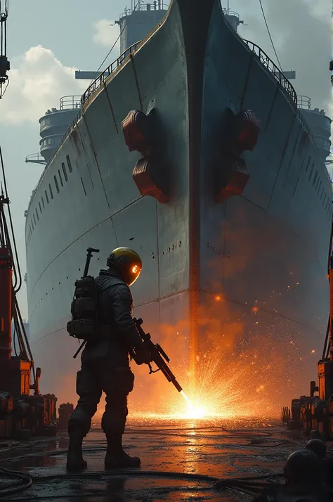 Soldier welding a ships hull