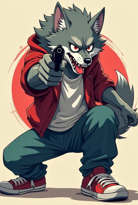 Humanoid wolf in loose skater style clothes,  intimidating look , evil smile, mouth open tongue out, Dynamic pose pointing a gun at the camera simple anime-style art
