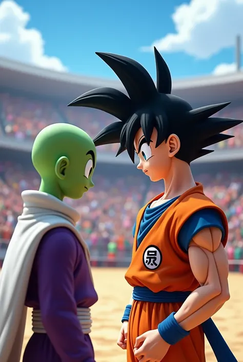  3D anime-style scene of Goku and Piccolo preparing for combat in a martial arts tournament ring.  The stadium is filled with excited spectators .  Goku wearing his orange uniform and Turtle symbol , showing determination. Piccolo in his purple outfit and ...