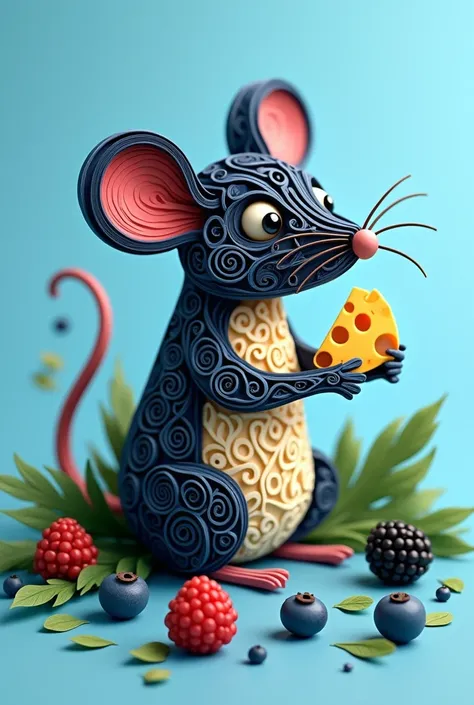 Digital illustration of a mouse made from paper quilling. the mouse is sitting on a blue background and is surrounded by various Mouse faces. the body of the mouse is made up of intricate patterns and swirls in shades of black. it has a long tail and two s...