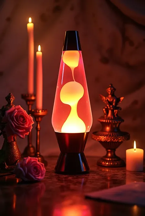 A still life in which there is a lava lamp being the inly light source, around it there are tall candles, a rose slightly covering the lava lamp, some plastic flowers also slightly covering the lava lamp, a small fountain with angels and a peacock feather,...