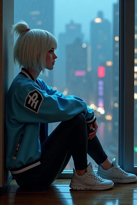 

"A stylish young woman sits on a wooden floor in front of a large window overlooking a rainy cityscape at night. She has platinum blonde hair, wears a light blue varsity jacket with bold black and white patches, black satin-like pants, and pastel-colored...