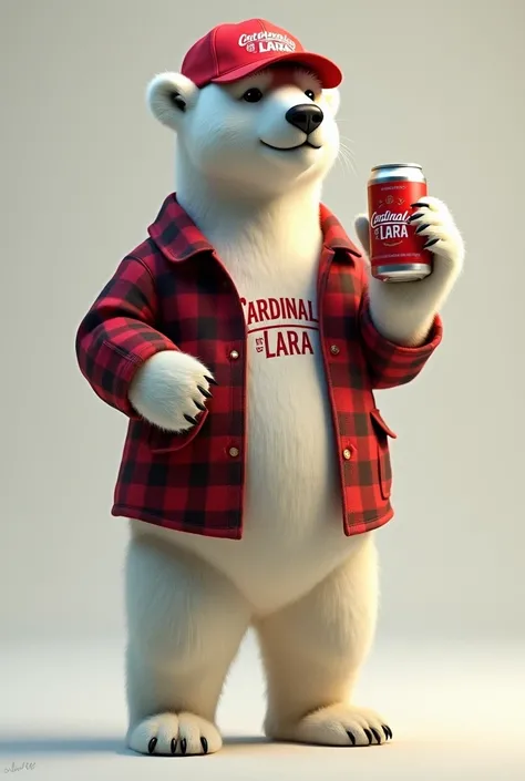  a polar bear standing on both legs ,  with a flat red cap that says cardinals of Lara, And a flannel that says the same as the cap, And that the bear holds a beer in his hand 