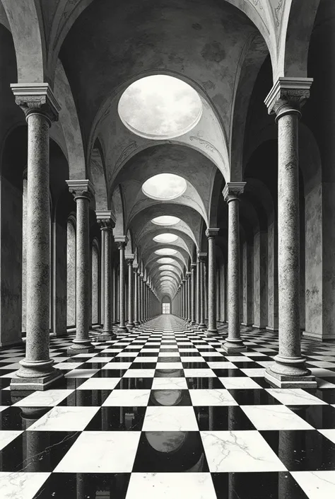 Chess pattern of multiple perspectives and point of views on Michael Eschers artwork style