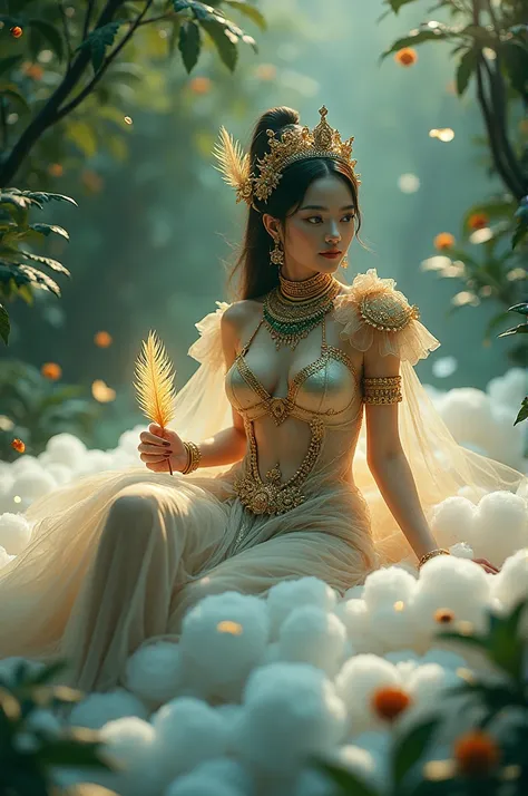  wide angle full body Thai-Jepun half-girl, see-through gold armor, large emerald jewelry, holding glowing green plumes, lying on clouds in front of a magical forest garden, 3D character , realistically, UHD 8K