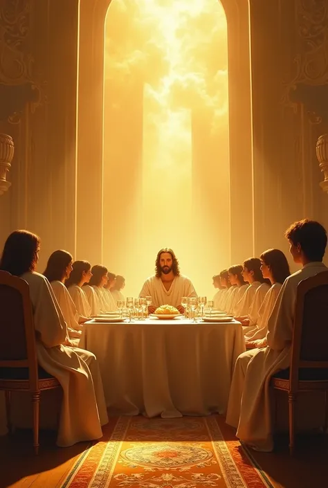  Jesus sitting at a table in the Kingdom of God and many people dressed in fine shiny linen sitting on chairs on either side of the long table. The Kingdom of God in gold and lots of light  