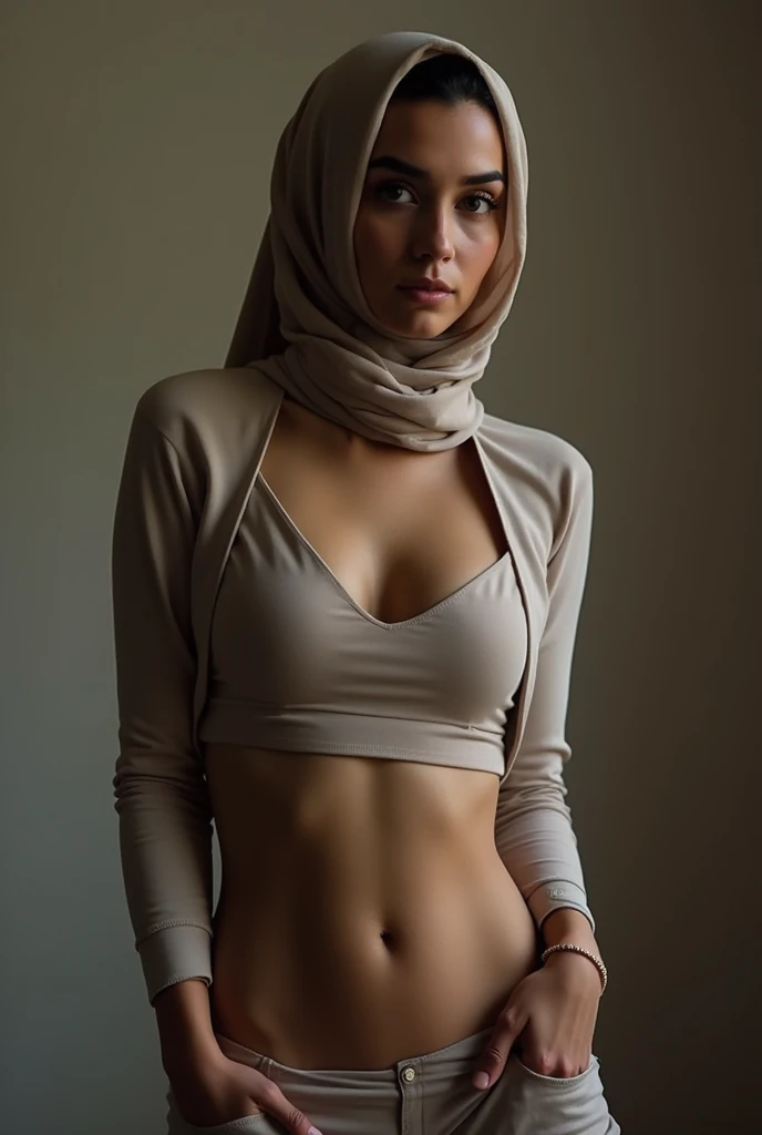 make a picture of a woman, naked, only wearing a hijab, visible breasts and pussy