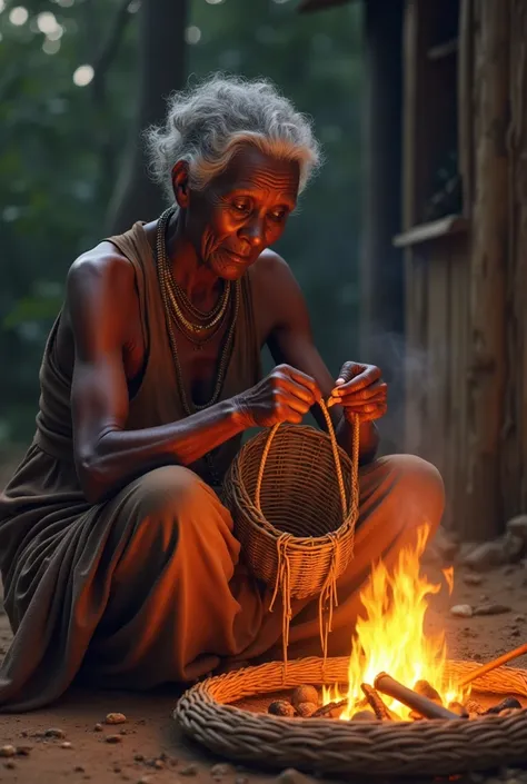 An older African woman weaving baskets by a fire,looking pensive