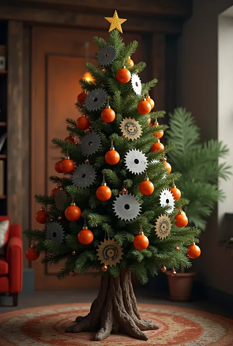 Christmas tree with circular saw ornaments and orange balls