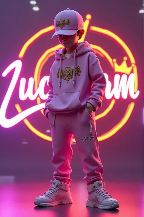 A captivating 3D render of the slim-styled character Luckcharm. a 20 year old man dressed in a tshirt pink outfit, and wearing a cap with her name “Agent ” in metallic gold letters. he poses elegantly next to the vibrant “LuckyCharm ” logo, which features ...