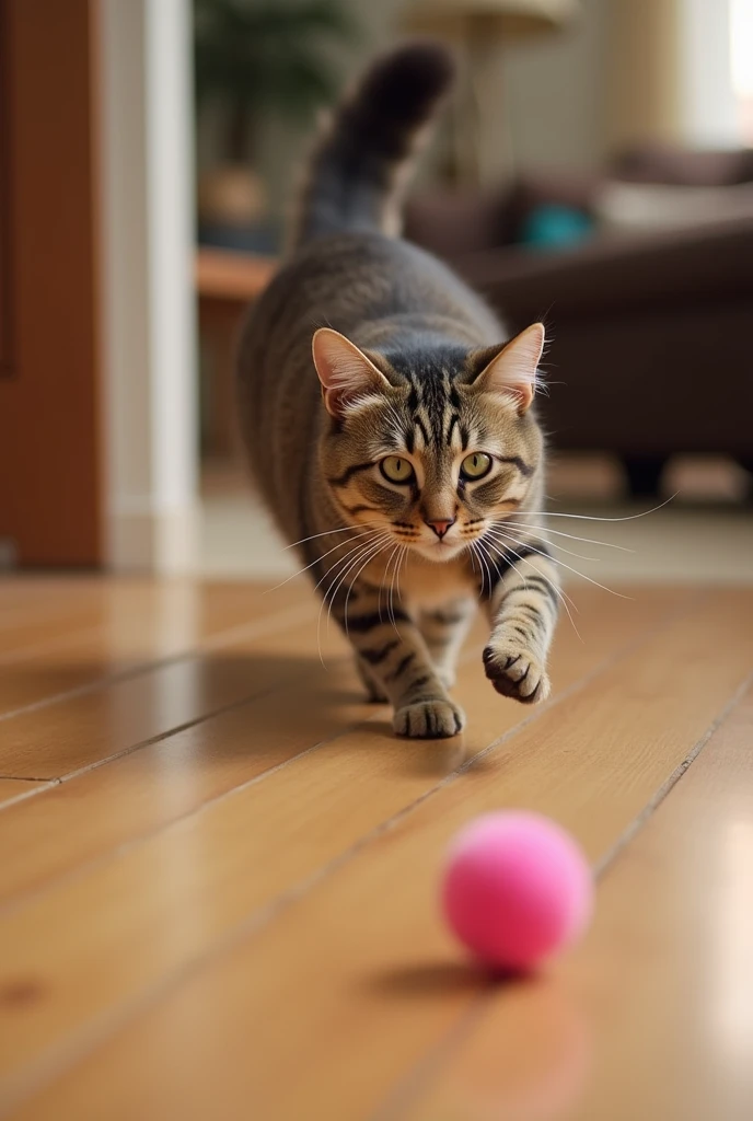  The cat starts playing with a colored ball that is rolling across the floor,  in a room with wooden floors . The environment is larger , with furniture in the background,  and it chases after the ball with an infectious energy .