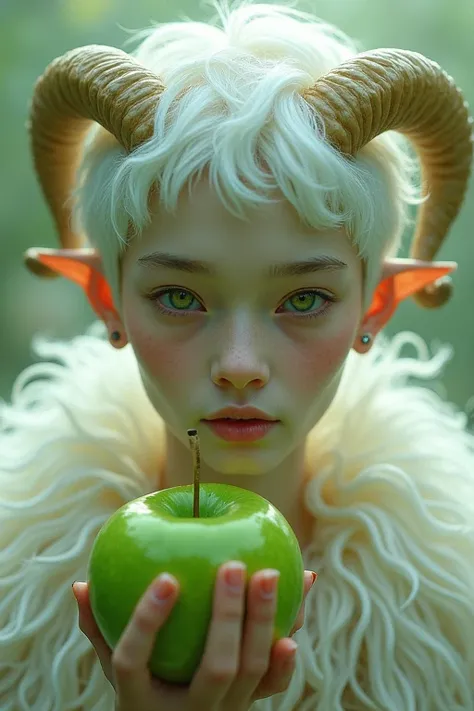  Prince with sheeps horns,  holding a green apple , He has short white hair  