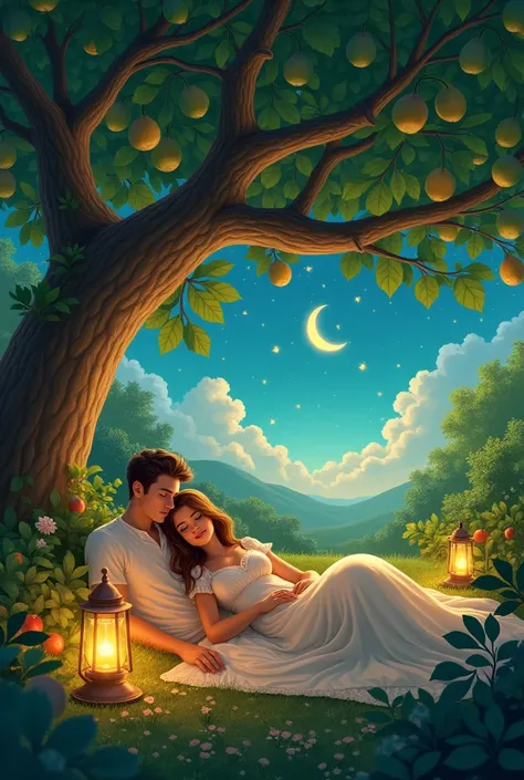 A husband and wife between  so so many garden  of fruits inside fruits has shiny lamp  sleeping with long light brown hair for a woman and they are satisfied. The sky is full of bright stars so clear sky and galaxy also. The big leaf of the fig tree cover ...