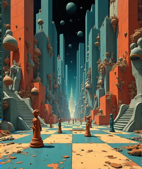 Jean Giraud and John Berkey artwork style, Chess pattern of multiple perspectives and point of views on Michael Eschers artwork style, remix