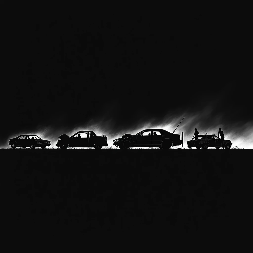 A pure black background generates a black and white silhouette, a series of car accidents on the road