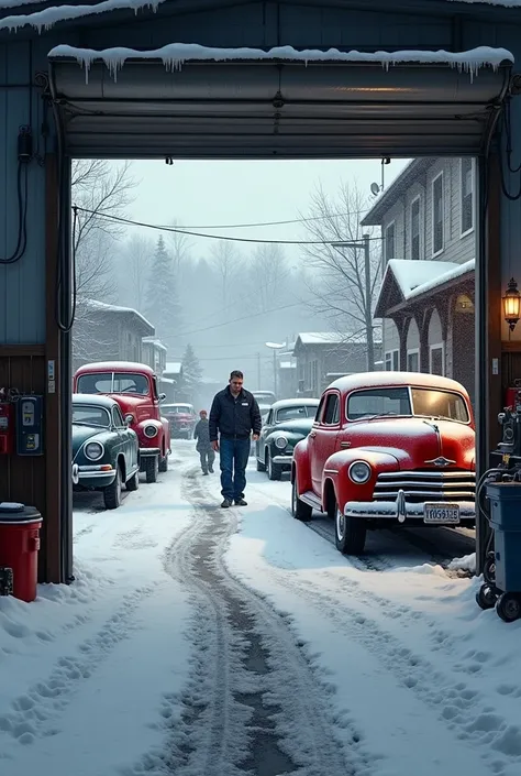 A car mechanic garage in the USA under the snow 