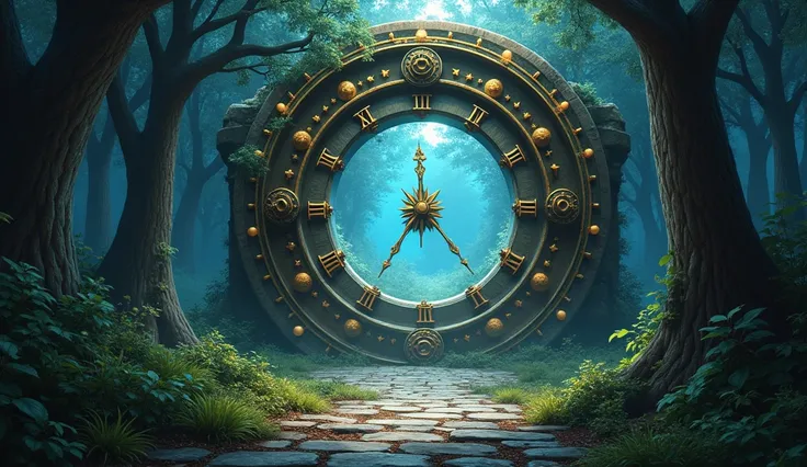 Dense dark forest,  and stone brick path,  close-up clock with star ,  Robert Gavin concept art  , reddit,  digital art, portal to the ethereal realm, a portal to the lost flame realm, of the game portal, portal, dream portal, vortex portal banish the elde...