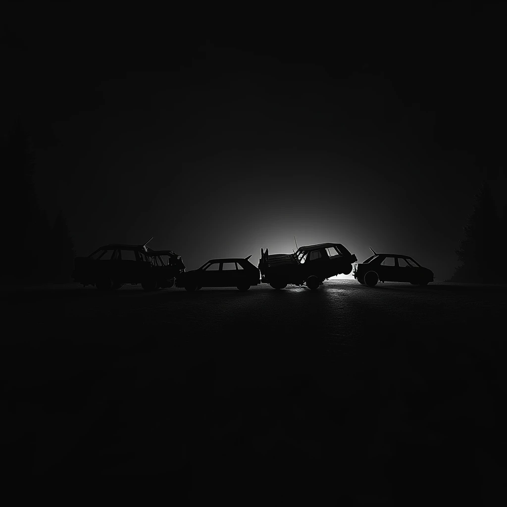 Pure black background, generate a black and white silhouette, a series of car accidents on the road, 5 cars collided