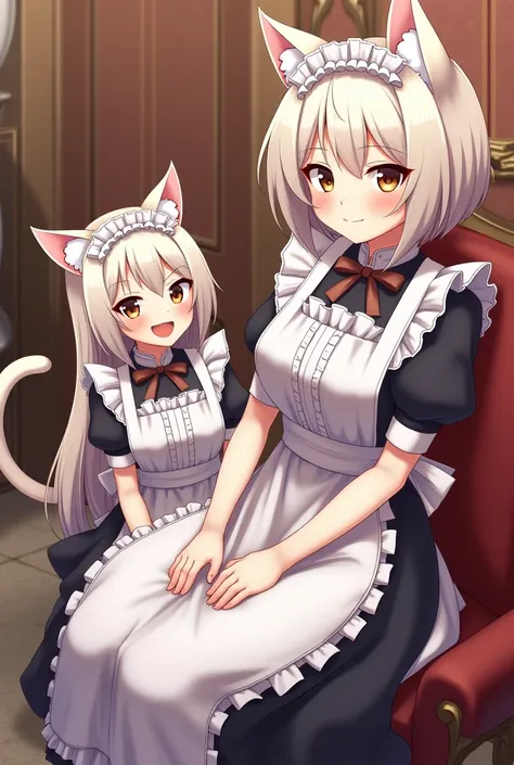 anime, two cat female maids, one frowns and stands ,  the other smiles and sits  