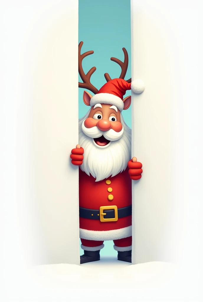 Santa and a reindeer with antlers peeking out of a wall white background in cartoon