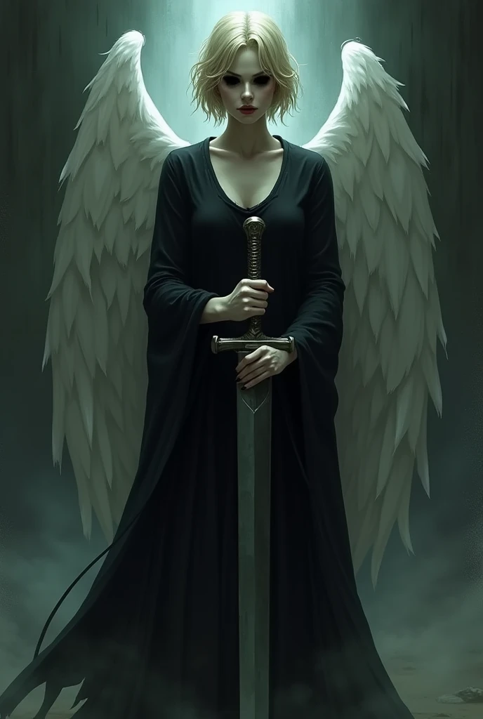  Creates Judge Angels /Dina Clark ( the creepypasta ). But she must be a woman ,blonde, short hair, totally black eyes , without wings and with a sword