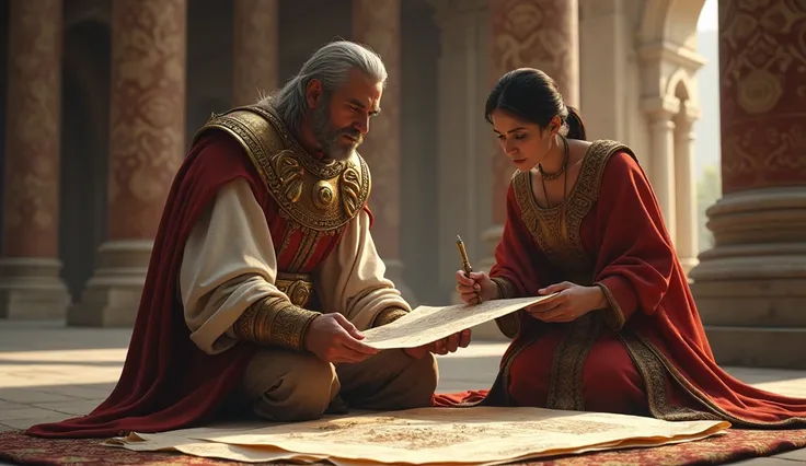 In a grand palace room 2000 years ago, adorned with ornate tapestries and marble columns, a royal engineer dressed in intricate robes studies a blueprint of a large, mysterious structure. Beside him, a scribe in simpler attire takes notes on a clay tablet....