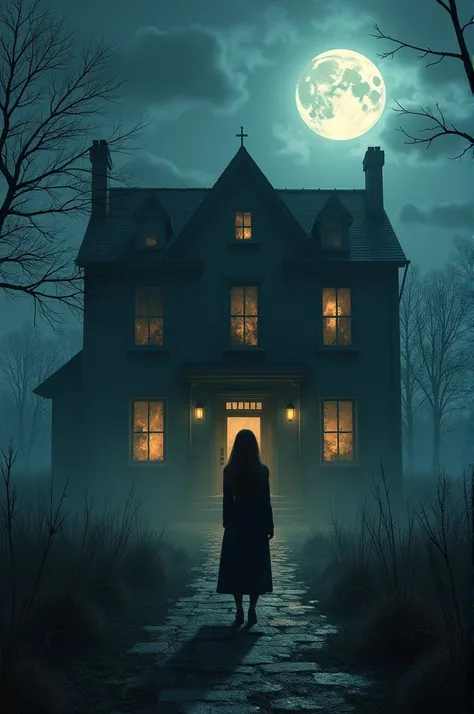 Late at night, a young woman named Emma, with long, dark hair and a pale complexion, stands at the entrance of an eerie, old countryside house. The house is large, dilapidated, and surrounded by overgrown weeds, with dark, broken windows casting an ominous...