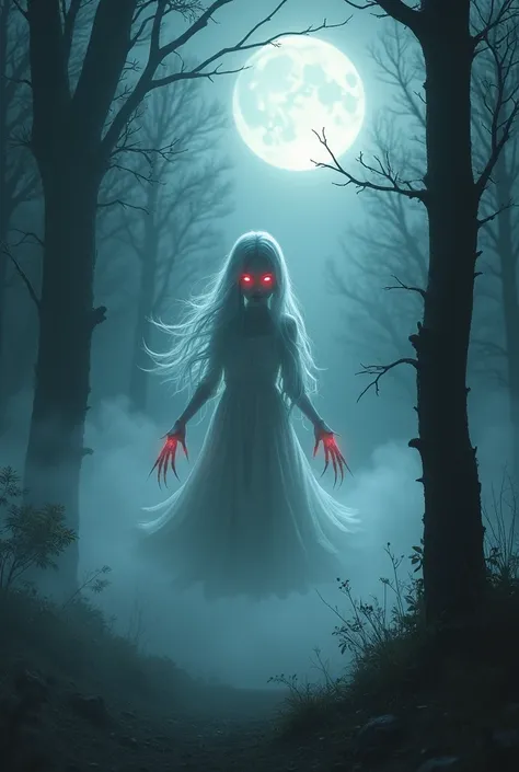 Ghost girl. the moon is shining in the fog . In the forest.  red eyes.  long sharp claws .