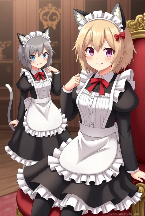 anime, two cat female maids, one frowns and stands ,  the other smiles and sits  