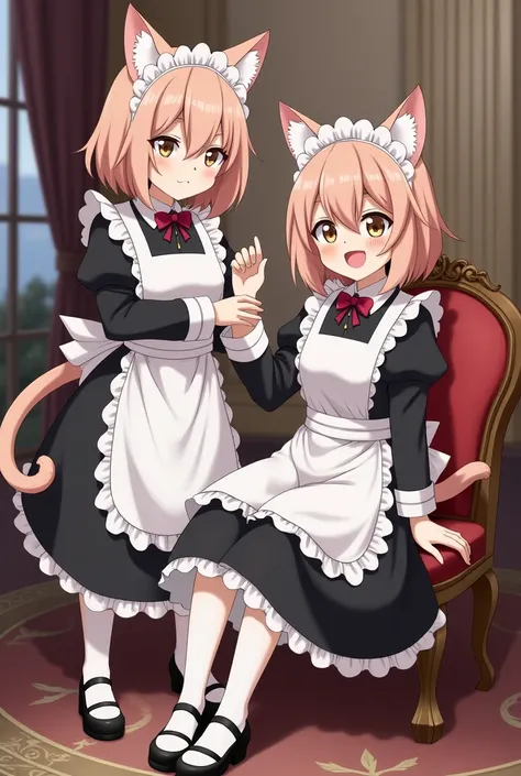 anime, two cat female maids, one frowns and stands ,  the other smiles and sits  