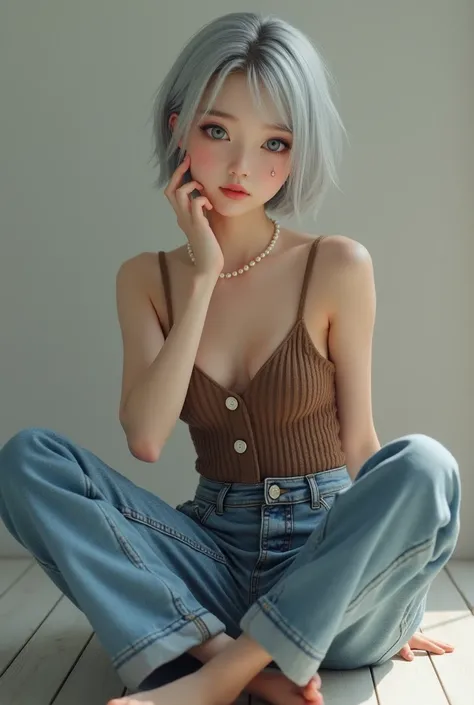 (8k, Photorealistic, Original photo, Highest quality: 1.4),Japanese idol-style beautiful girl,1,Model,1 person,(Short Bob),(Silver Hair),She has her hair tucked behind her ears,Clear grey eyes,Long eyelashes,(piercings(small)),(Lip gloss),lips(Plump,glossy...