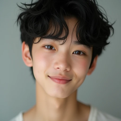   male high school student  ， Black Curly Short Hair  。 white skin， Amber Big Eyes ，long eyelashes，Small nose。delicate，  muscle is not visible。  Blush，  Smile With Light Wine Holes