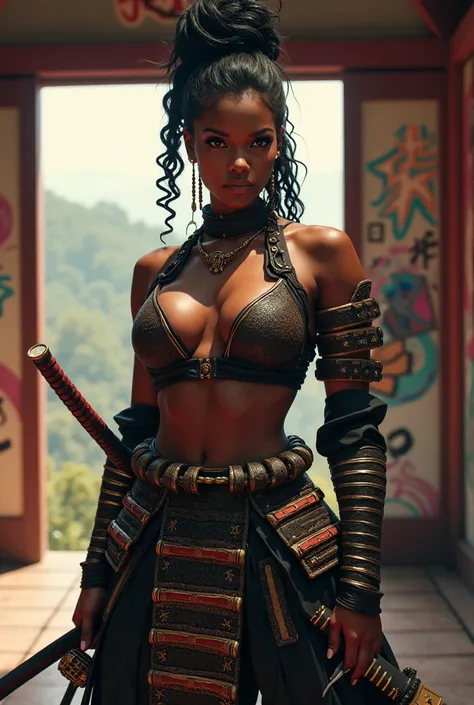 A beautiful african-american samurai woman, bukeyashiki with graffiti background, halter top, large breasts, samurai armor, samurai sword, fight pose, photorealistic