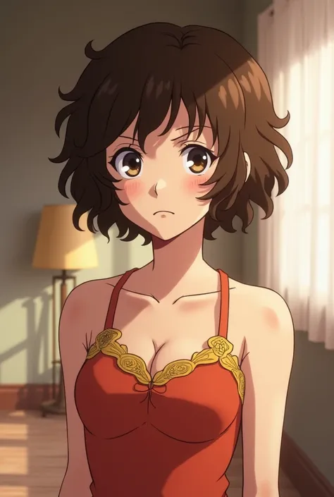 Screenshot from "My Hero Academia" of a young adult woman, short curly brown hair, brown eyes, she is wearing bed chicken disgraz, full body, Mappa Animation style. (Boku no hero academia) Studio bonuses