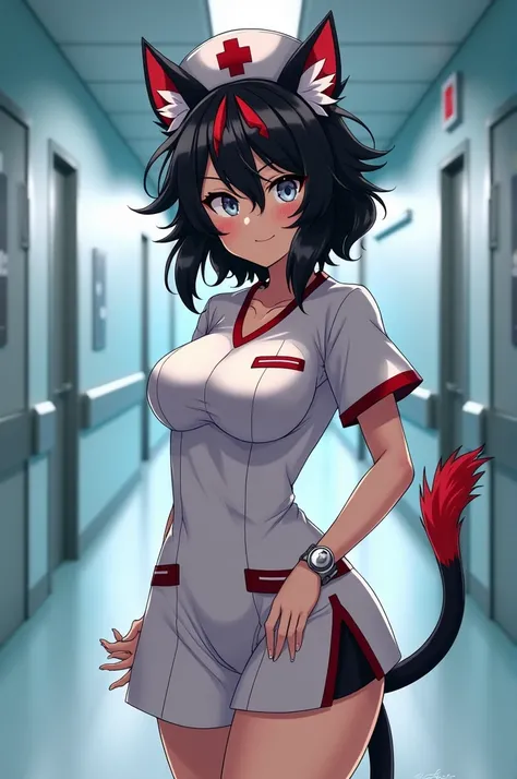 My hero Academia,  anime girl image,  black with red tufts, gray eyes, lions ears and tails ,  sexy nurse costume ,  smiling,  in a newly-parity hospital , in a hallway, al estilo My hero Academia