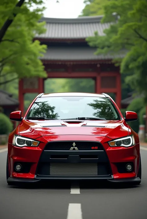 Create an image of a red Mitsubishi Lancer Evolution with a glossy and well-maintained paint finish. The car is positioned on a road with a background featuring greenery and a traditional Asian structure, like a pagoda. The lighting is good, making the pai...