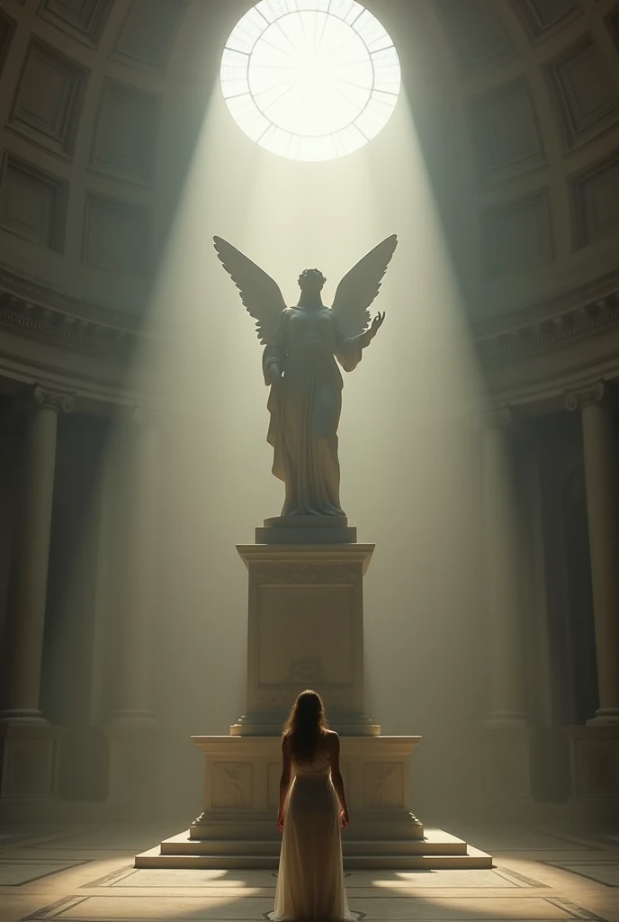 /I A photo of an angel statue in the Pantheon, with wings spread wide and light streaming through its window onto its face. A women stands beneath looking up at it, photographed in the style of Michael Kenna.